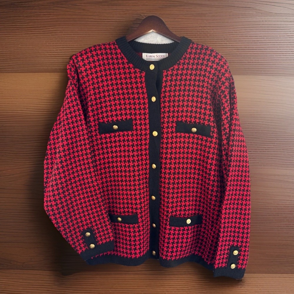 Vintage Karen Scott Red Herringbone L Gold‎ Buttons Cardigan 30% Wool Academia